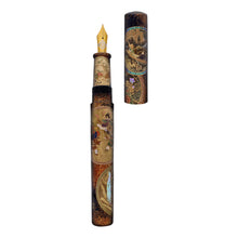 Load image into Gallery viewer, Front view of the fountain pen with the cap set to the side. An intricate series of the designs cover the pen and cap in warm tones. It is surrounded by images of flora, fauna, and scenes of Japanese life.