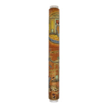 Load image into Gallery viewer, Side view of the fountain pen on a white background. The pen is cylindrical-shaped, and features a series of scenes painted in warm yellow and orange tones attributed to scenes of the Moon Goddess.