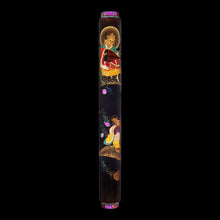 Load image into Gallery viewer, Front view of the Fountain Pen on a black background. 
The pen is designed on a black urushi background with raden stripes at the top and bottom. The cap features a small but detailed painting Benzaiten, the Japanese Goddess of music, while she plays a biwa (stringed Japanese instrument). 
Her attendant is painted on the barrel, playing the flute.