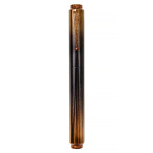 Load image into Gallery viewer, Front view of the Fountain Pen on a white background. It is designed in black urushi, with the top, bottom and clip coated in a gradient of gold powder.