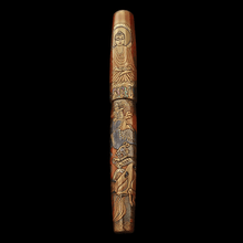 Load image into Gallery viewer, Front view of the fountain pen on a black background. Prince Siddhartha is painted on the cap as he meditates and remains undisturbed at the apparitions of animals fiery arrows and beautiful women painted on the barrel.