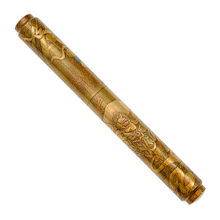 Load image into Gallery viewer, Front view of the pen on a white background. it shows one of the Japanese  gods painted on the barrel with different tones of gold urushi lacquer.