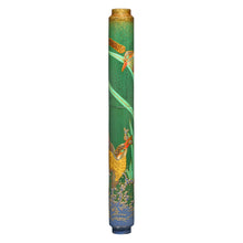 Load image into Gallery viewer, Front of the Fountain pen set on a white background. It is a green fountain pen with gold dust at the top, and blue at the bottom,  depicting the scene of a Kingfisher catching a fish on the barrel.