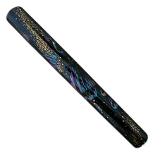Load image into Gallery viewer, On a white background: The Northern Lights Fountain Pen with the cap on. it is painted in black urushi, and features a series of raden designs to represent an Aurora Borealis. There are golden specks surrounding the design in between.