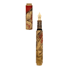 Load image into Gallery viewer, Front view of the fountain pen with the cap set to the side on a white background. The pen is cylindrical-shaped, and features a detailed painting of the golden dragon with water waves at the barrel on a red and black background. The design is elaborate, and features decorations at the top and bottom of the pen.