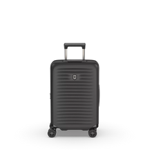 Load image into Gallery viewer, Front panel view of the hard shell suitcase with the telescopic handle partly pulled up.