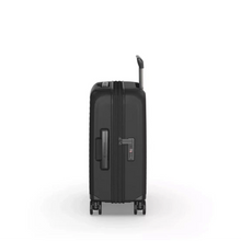 Load image into Gallery viewer, Side panel view of the hard shell suitcase. It features a grab handle and a TSA approved three-digit combination lock.