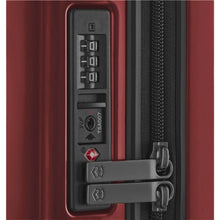 Load image into Gallery viewer, Close up to the side panel of the red suitcase featuring a TSA approved three-digit combination lock