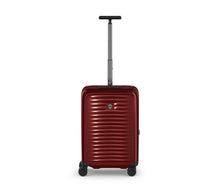 Load image into Gallery viewer, Front panel view of the red suitcase with the telescopic handle extended.