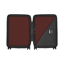 Load image into Gallery viewer, Interior view of the red suitcase showing the zipper-closing panel dividers to hold contents in place.