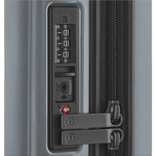 Load image into Gallery viewer, Close up to the side panel of the silver suitcase featuring a TSA approved three-digit combination lock