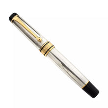 Load image into Gallery viewer, Front view of the Fountain Pen on a white background. 
The body and cap are made of silver with gold-plated trims on the clip and cap ring. 
The top of the cap and bottom of the barrel are made of black resin.