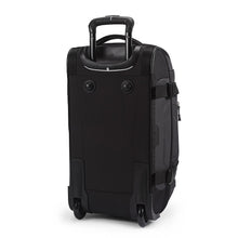 Load image into Gallery viewer, Rear view of upright black High Sierra wheeled duffel with wheels and handle exposed.