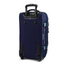 Load image into Gallery viewer, Rear view of upright navy High Sierra wheeled duffel with wheels and handle exposed.