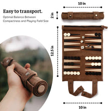 Load image into Gallery viewer, Graphic featuring sizes of the backgammon board, 10 by 2 by 12.5 inches