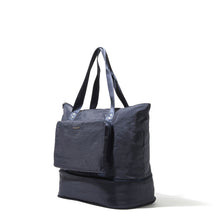 Load image into Gallery viewer, Angled view of the expanded bag in navy. Set on a white background.