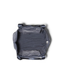 Load image into Gallery viewer, Top view of the navy bag with the zipper opened. Set on a white background.