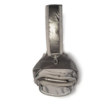 Load image into Gallery viewer, Top view of the bag with the zipper compartments open. Set on a white background.