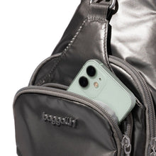 Load image into Gallery viewer, Close up to bag's front compartment. There is a phone placed within the open zipper.