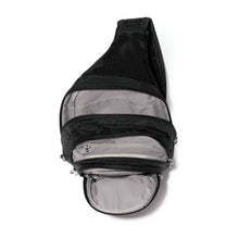 Load image into Gallery viewer, Top view of the bag with the zipper compartments opened. Set on a white background.