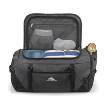 Load image into Gallery viewer, Open black High Sierra duffel backpack packed with clothes