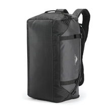 Load image into Gallery viewer, Angled front view of the black duffel backpack with the shoulder straps pulled up.