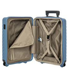 Load image into Gallery viewer, Opened view of the suitcase on a white background. The lining is a light brown color, the lid's side has a zippered compartment shown opened, and the right side has a set of straps to keep items in place.