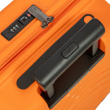 Load image into Gallery viewer, Close up to the top of the suitcase on a white background. The telescopic handle is partly pulled up. A TSA and 3-number combination locks can keep the zippers from opening.