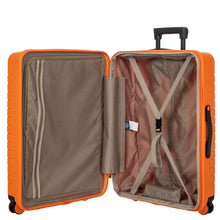 Load image into Gallery viewer, Inside view of the suitcase. Placed on a white background. The inside's lining is a light brown color. The lid's side has a zippered compartment for organization, the right side has a set of straps to lock items in place.