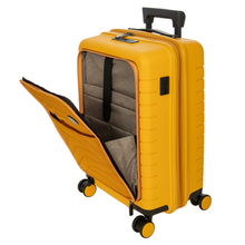 Load image into Gallery viewer, Front angled view of the suitcase with the front laptop compartment opened. Set on a white background.
