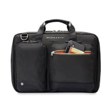 Load image into Gallery viewer, Briggs & Riley HTA Slim Expandable Brief - Black
Front Panel View of Brief with one small and one large pocket.  Large Pocket also has front zip pocket with enough room for smart phone, and credit card stacker.
Height	Width	Depth	Weight
US	15.75"	11"	6"	2.55 lbs.
EU	40 cm	27.9 cm	15.24 cm	1.16 kg