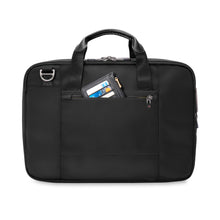 Load image into Gallery viewer, Briggs & Riley HTA Slim Expandable Brief - Black
Image of Back Panel View, with zippered pocket on Attachment Pocket for quick access to airline ticket, passport, frequent flyer cards, etc.
Height	Width	Depth	Weight
US	15.75"	11"	6"	2.55 lbs.
EU	40 cm	27.9 cm	15.24 cm	1.16 kg
