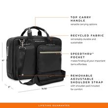 Load image into Gallery viewer, Briggs & Riley HTA Slim Expandable Brief - Black
Image of Key Selling Points:  (1) Top Carry Handle offers versatile carrying options. (2) Recycled fabric remarkable durable and sustainable (3) Speedthru Pocket makes finding all your important items effortless (4) Removable Adjustable Shoulder Strap with shoulder pad included for comfort
Height	Width	Depth	Weight
US	15.75"	11"	6"	2.55 lbs.
EU	40 cm	27.9 cm	15.24 cm	1.16 kg