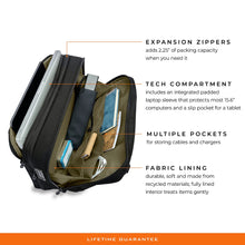 Load image into Gallery viewer, Briggs & Riley HTA Slim Expandable Brief - Black
Image of more Key Selling Points: (5) Expansion Zippers add 2.25 inches of packing capacity (6) Tech Compartment includes an integrated padded laptop sleeve (7) Multiple Pockets (8) Fabric Lining durable and sustainable 
Height	Width	Depth	Weight
US	15.75"	11"	6"	2.55 lbs.
EU	40 cm	27.9 cm	15.24 cm	1.16 kg