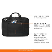 Load image into Gallery viewer, Briggs & Riley HTA Slim Expandable Brief - Black
Image of more Key Selling Points: (8) YKK RC Zippers for smooth zip action (9) Hidden Back Security Pocket for incredible function and protection (10) Slip-Through Back Panel allows bag to slide over any Briggs & Riley Outsider handle, transporting two bags as one.
Height	Width	Depth	Weight
US	15.75"	11"	6"	2.55 lbs.
EU	40 cm	27.9 cm	15.24 cm	1.16 kg