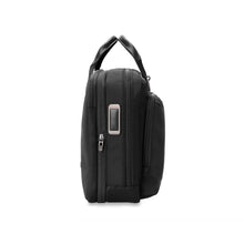 Load image into Gallery viewer, Briggs & Riley HTA Slim Expandable Brief - Black
Side Panel Image showing Leather Monogram Patch, which allows for embossing of up to 3 block style initials.
Height	Width	Depth	Weight
US	15.75"	11"	6"	2.55 lbs.
EU	40 cm	27.9 cm	15.24 cm	1.16 kg
