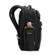Load image into Gallery viewer, Side panel view of the black backpack with a water bottle tucked into the pocket.