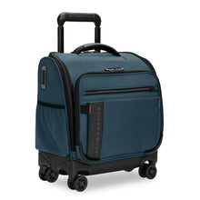 Load image into Gallery viewer, Angled front panel view of the ocean blue underseat cabin wheeled bag.