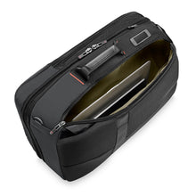 Load image into Gallery viewer, Angled top panel view of the black briefcase with interior view of zipper-closing laptop and tablet compartment.