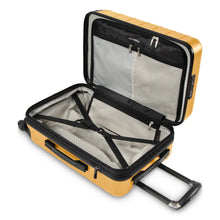 Load image into Gallery viewer, Interior view of the mango yellow suitcase, featuring a zipper-closing panel divider, and adjustable straps.