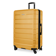 Load image into Gallery viewer, Angled front panel view of the yellow suitcase with black accents.