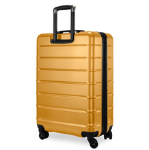 Load image into Gallery viewer, Back panel view of the yellow suitcase with black accents.