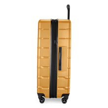 Load image into Gallery viewer, Side panel view of the yellow suitcase with black accents. It features a grab handle. The expandable feature is unzipped.