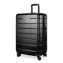 Load image into Gallery viewer, Angled front panel view of the black hard shell suitcase.