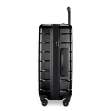 Load image into Gallery viewer, Side panel view of the black hard shell suitcase. The expandable feature is unzipped.