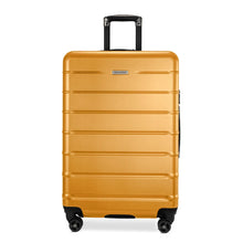 Load image into Gallery viewer, Front panel view of the yellow hard shell suitcase with black accents.