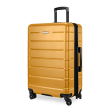 Load image into Gallery viewer, Angled front panel view of the yellow hard shell suitcase.