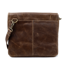 Load image into Gallery viewer, DayTrekr Distressed Leather Slim Crossbody Tablet Messenger - Brown
Image of Back panel view, showing Antique Brass Hardware
Dimensions: 11.5 x 10 x 1"