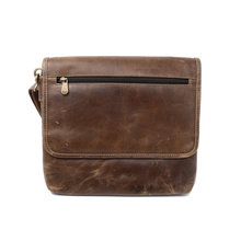 Load image into Gallery viewer, DayTrekr Distressed Leather Slim Crossbody Tablet Messenger - Brown
Image of Front Panel View, featuring front zippered pocket for quick access to ID, Passport, Boarding Pass, etc.
Dimensions: 11.5 x 10 x 1"