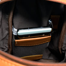 Load image into Gallery viewer, DayTrekr Leather Crossbody - Tan
Image of Interior View with convenient smart phone pocket in main compartment.
Dimensions: 11 x 7"